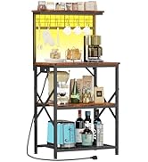 Furologee Bakers Rack with Power Outlet and LED Light, Small Microwave Stand with 4 Tier Shelves,...