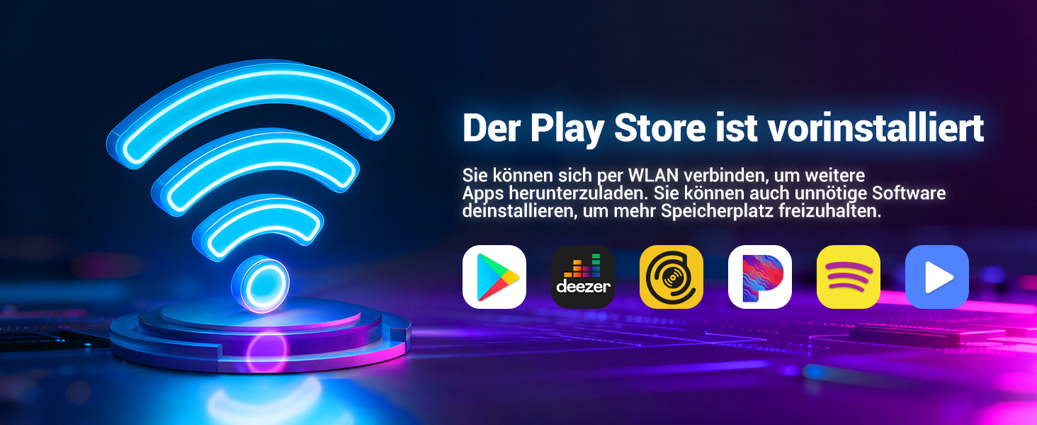 Text reads 'Der Play Store ist vorinstalliert'. App store interface showing multiple streaming and media app icons including Google Play, Spotify, and YouTube against a blue and purple gradient background.