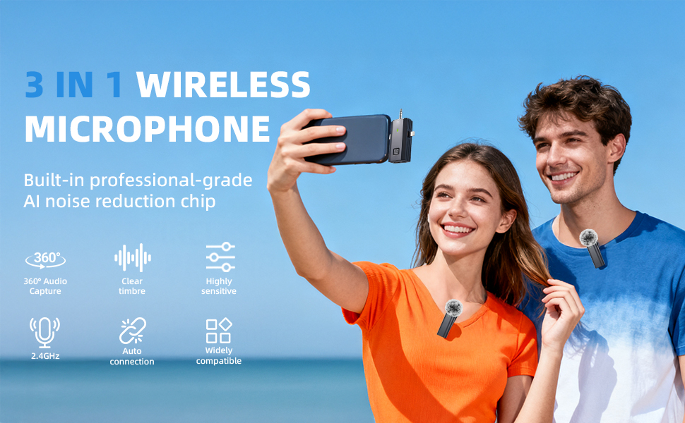 3 in 1 Wireless Lavalier Microphone for iPhone, Android, Camera, Mini Wireless Microphone