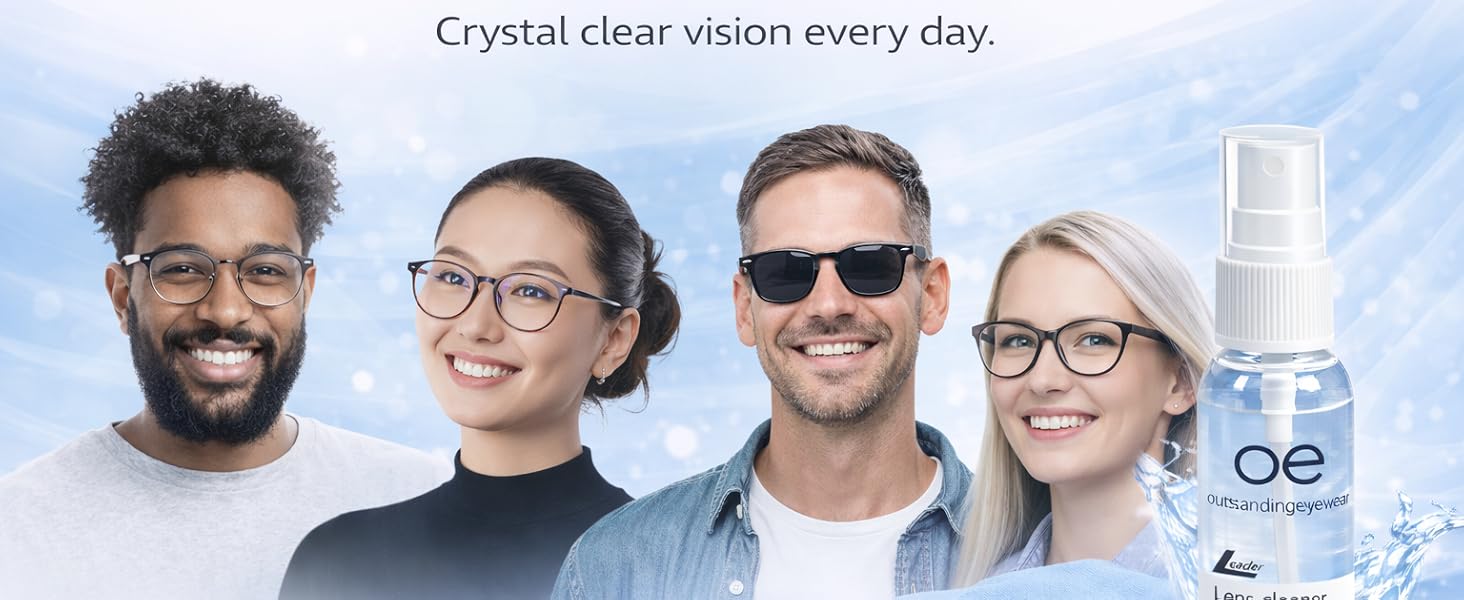 Outstanding Eyewear 2oz lens cleaner with eyeglasses and microfiber cloth for streak-free cleaning