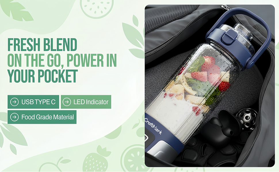 Text reads 'FRESH BLEND' and 'ON THE GO, POWER IN YOUR POCKET'. Series of product marketing images with green leaf motifs and interface elements.