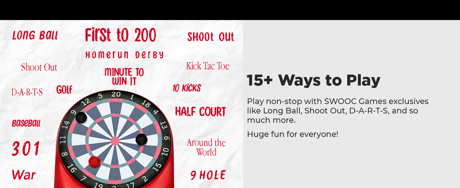 Swooc games for people that do it big. Boy about to kick kickballs at giant dartboard.