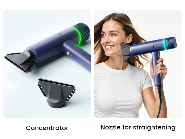 Text reads 'Concentrator' and 'Nozzle for straightening'. Product images showing dark blue hair styling attachments from multiple angles.
