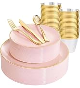 WDF 150Pcs Pink Plates Disposable - Pink and Gold Plastic Plates 25guest Disposable Dinnerware In...