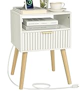 White Nightstand with Charging Station, Mid Century Modern Nightstand with Liner Drawer and Solid...