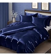 MILVOWOC 6 Pcs Navy Blue Satin Duvet Cover Full/Queen Size Set, Silky Bed Duvet Cover Luxury Sati...