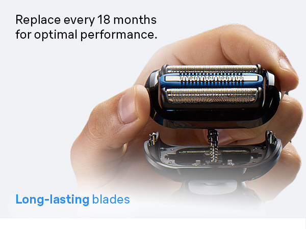 Braun shaver with SmartMotor and two shave modes is shown. Hand changes blades optimal performance.