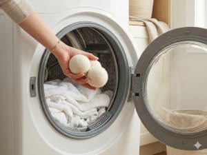 Hand placing wool dryer balls into a modern dryer