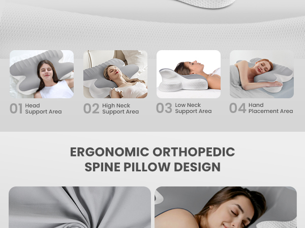 Orthopedic pillow with four support areas: head, high neck, low neck, and hand placement. Designed for ergonomic spine support while sleeping in various positions.