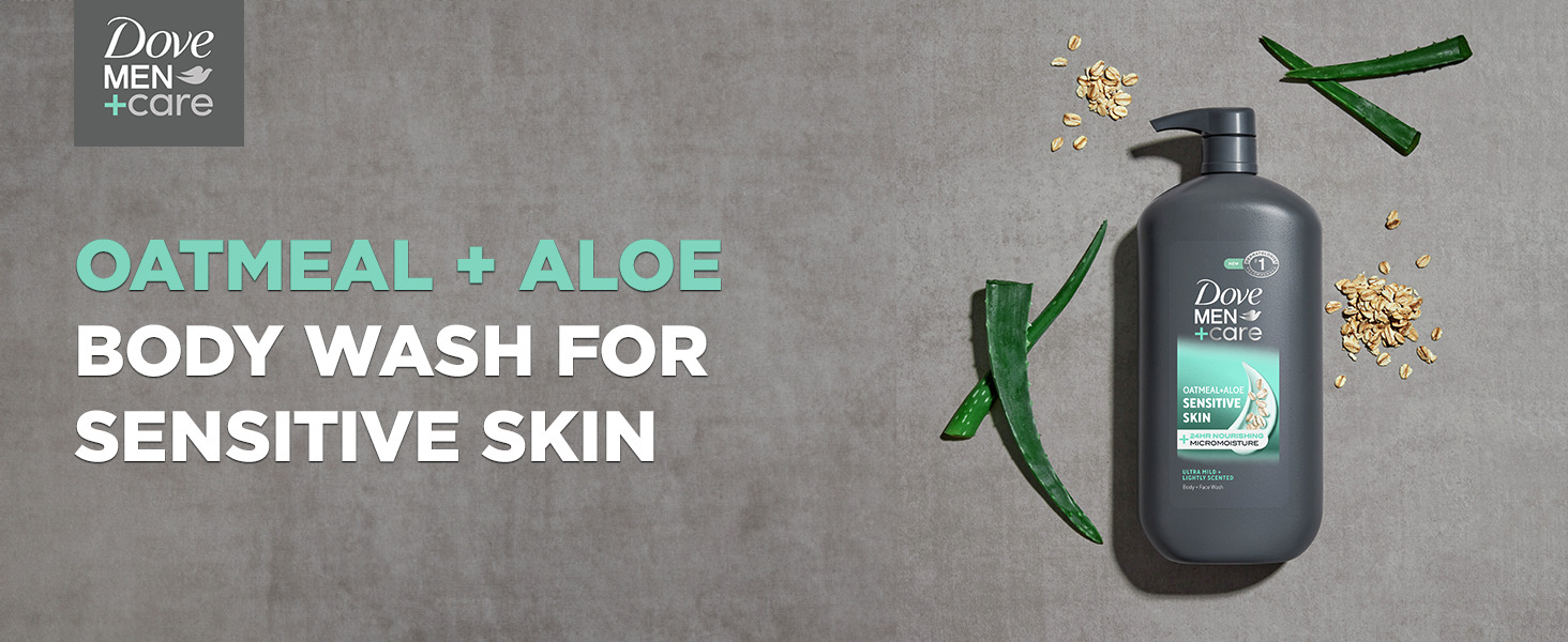 Dove Men+Care Oatmeal &amp; Aloe body wash with oats and aloe leaves on a textured gray surface.