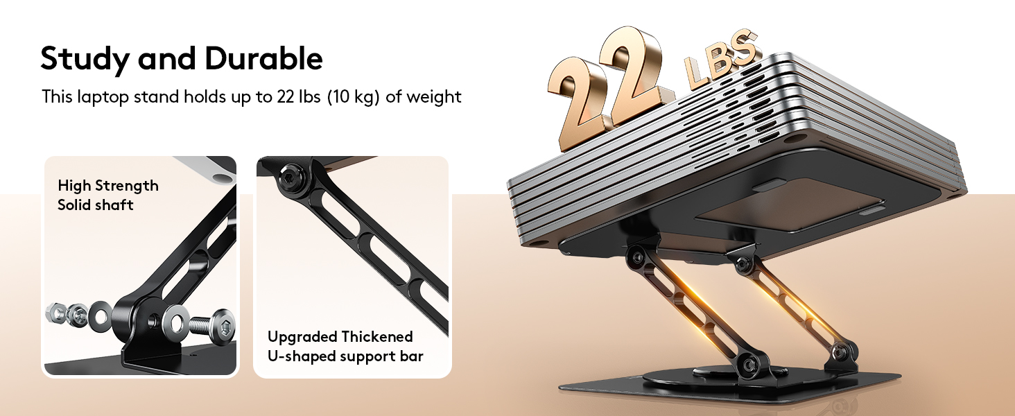 Text reads 'Study and Durable'. Product image showing adjustable laptop/book stand with multiple angle positions and folding mechanism demonstrated.