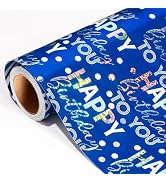 MAYPLUSS Birthday Wrapping Paper Roll, Blue Metallic Holographic Gift Wrap | 17 Inch x 16.5 Feet ...
