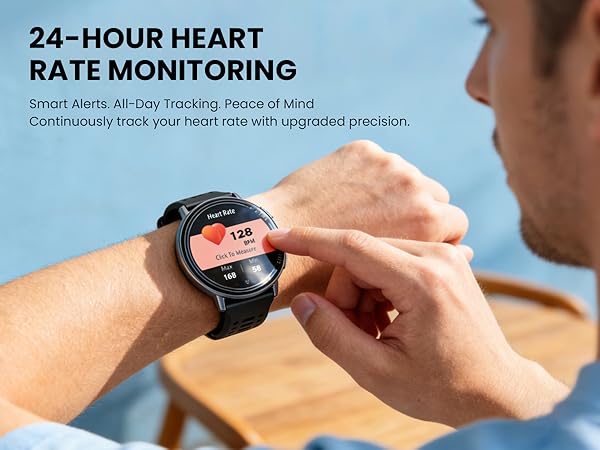 Text reads '24-HOUR HEART RATE MONITORING' with additional text about tracking stress levels. Shows smartwatch interface displaying heart rate monitoring features.