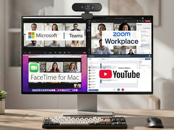 Text shows: 'Microsoft Teams', 'Workplace', 'FaceTime for Mac', 'YouTube'. Computer monitor displaying split-screen view of various video conferencing applications, with webcam mounted on top and keyboard/mouse below.