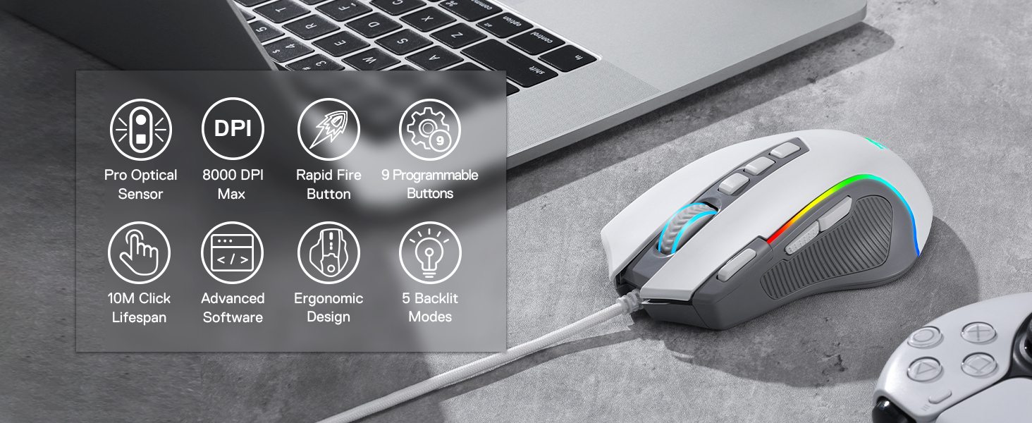 Redragon M612 white wired RGB mouse with 8000 DPI for PC gaming delivers stable precise control