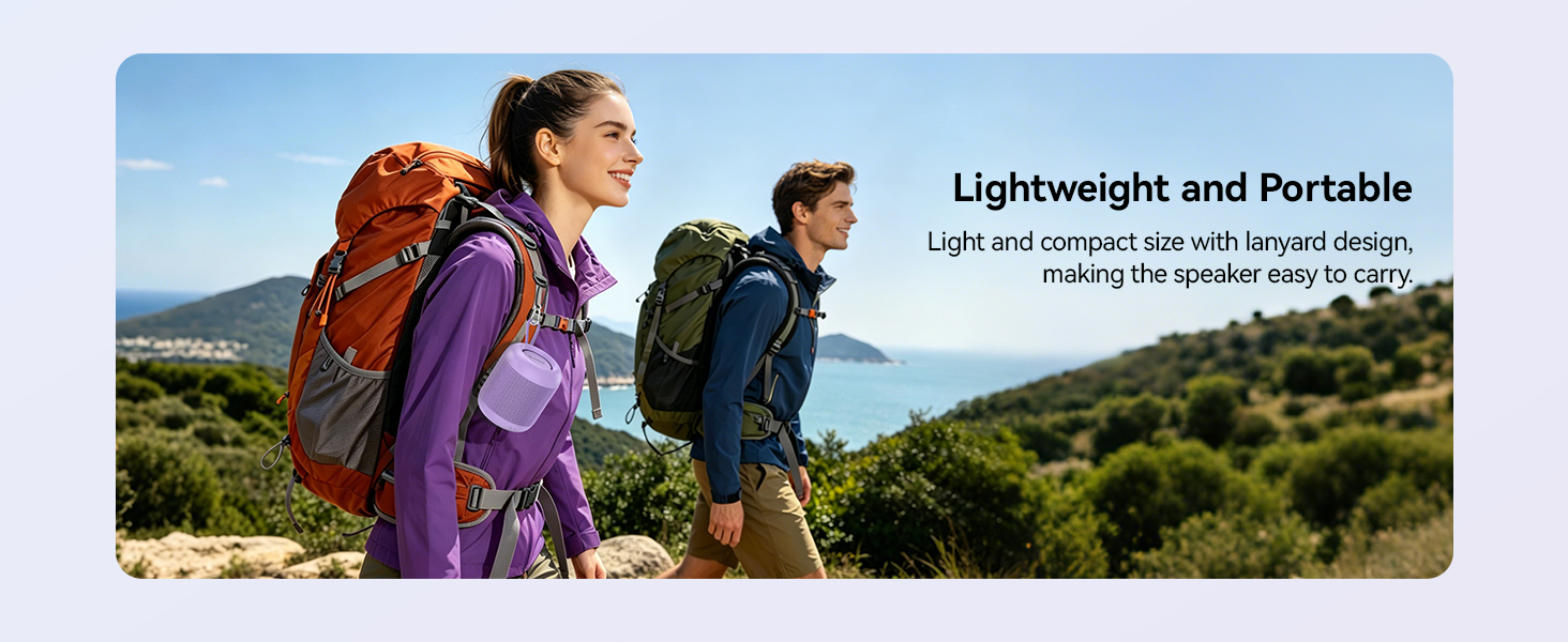 Text reads 'Lightweight and Portable.' Three hikers wearing backpacks on mountain trail overlooking forested valley landscape during daytime.