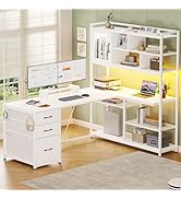 SEDETA L Shaped Computer Desk, 58'' Office Desk with 3 Drawers and Bookshelf, L Shaped Corner Des...