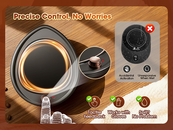 Product demonstration sequence showing circular device on wooden surface with illustrated instructions and numbered steps for operation.