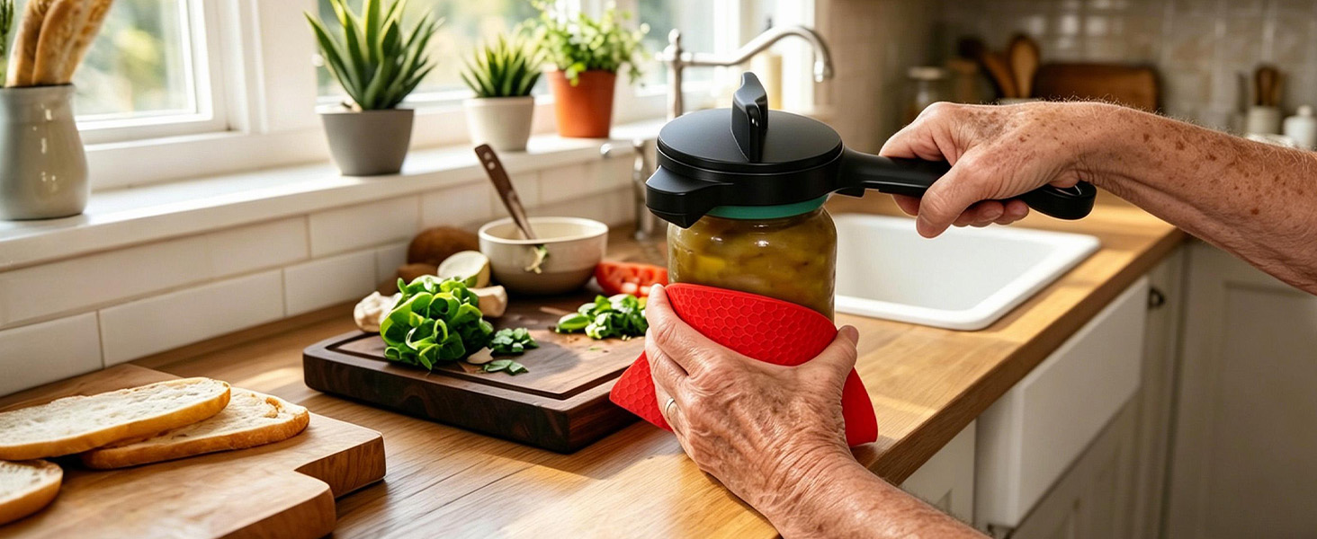 Senior hands using red silicone gripper pad to stabilize glass jar on counter with wet hands.