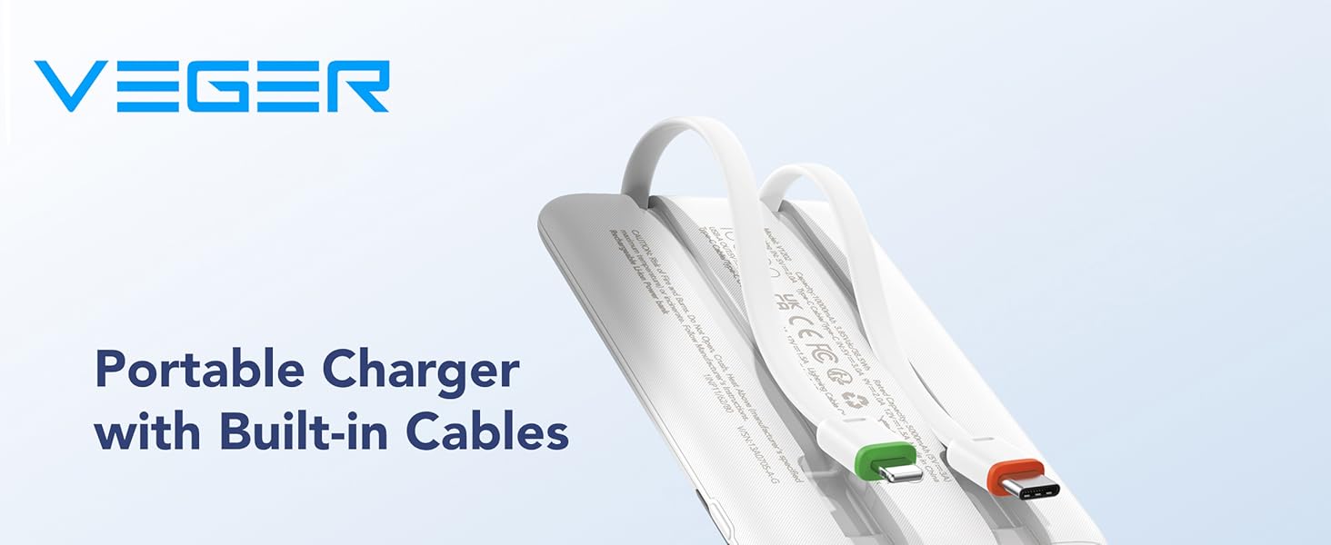 VEGER Portable Charger with Built in Cables, No more missing cables!!