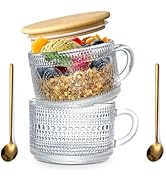 DOPUDO Vintage Glass Coffee Mugs 14 Oz Set of 2 Clear Embossed Tea Cups, Glass Coffee Cups for Ca...