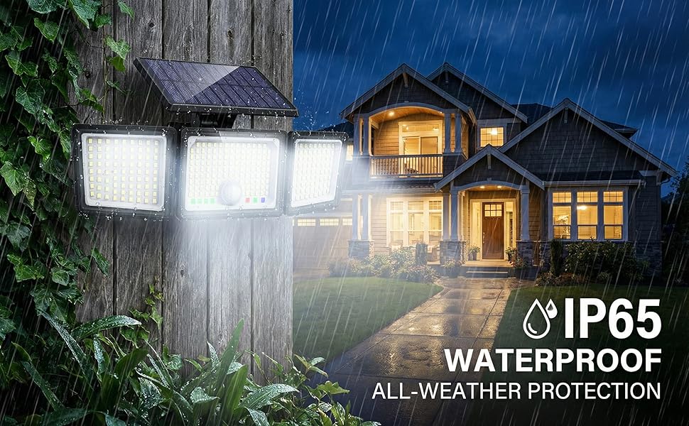 Text reads 'IP65 WATERPROOF ALL-WEATHER PROTECTION'. Outdoor security light mounted on post illuminating house in rainy night scene.