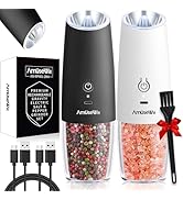 AmuseWit Gravity Electric Salt and Pepper Grinder Set [White Light] USB Rechargeable Automatic Pe...