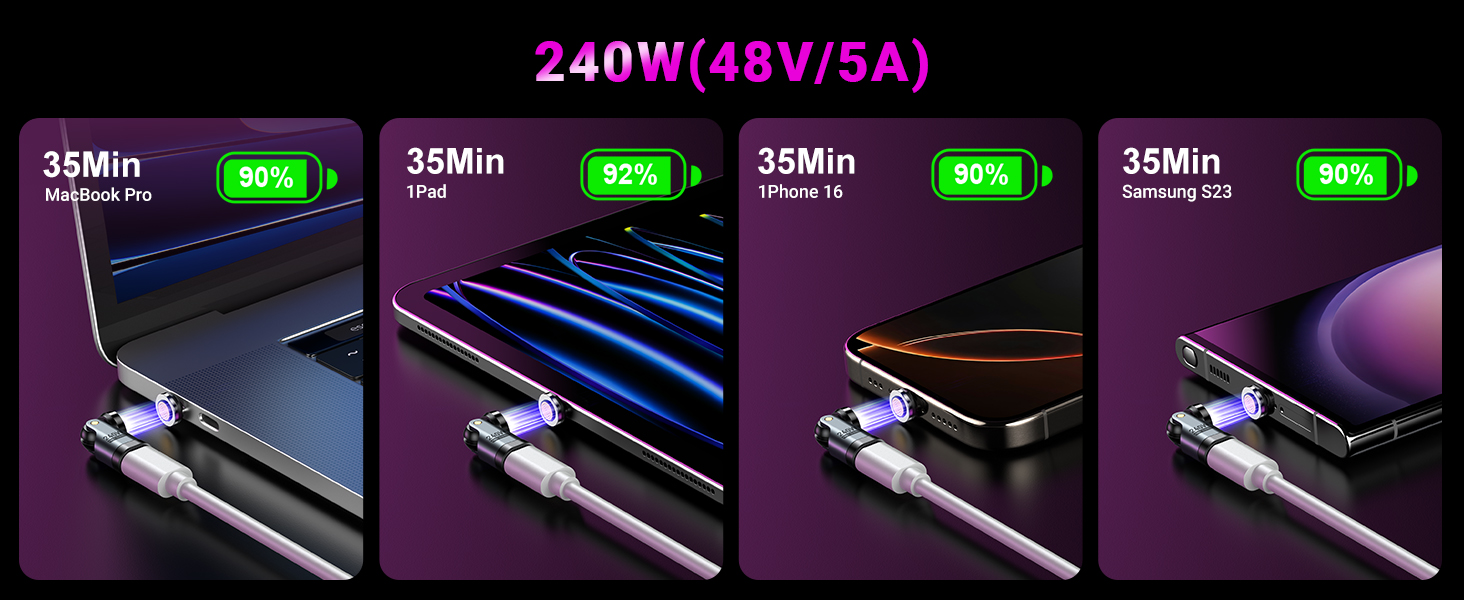 Technical diagram showing 240W charging capabilities across four phone models with blue and purple lighting effects and charging time indicators.