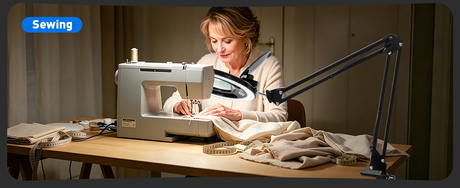 Sewing, cross-stitch magnifying glass with light hands free magnification of details workbench light