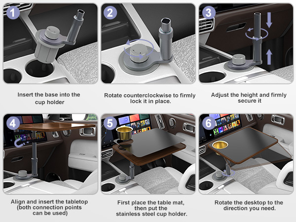 Car Desk Car Tray for Laptop &amp;amp; Food, Wooden Cup Holder Table with Adjustable Height