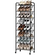 STO STO 8-Tier Narrow Shoe Rack with Wheels, Double-Sided Vinyl Mesh Shelf Shoe Organizer for Up ...