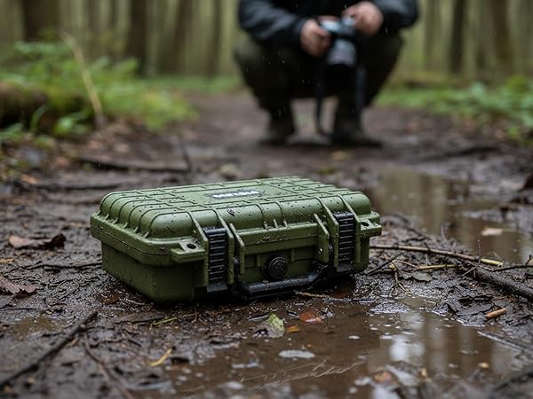 Sequence showing an olive green military-style camping mat or sleeping pad in muddy outdoor conditions on wet ground.