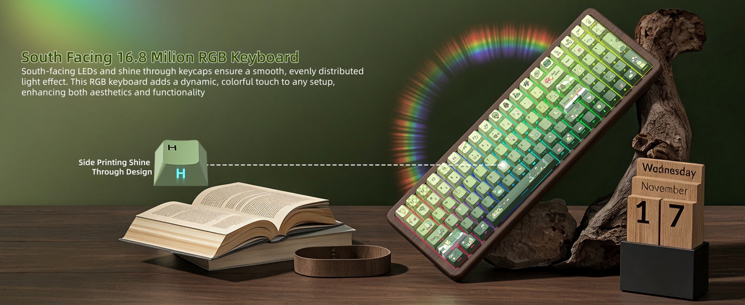 98% Wood Creamy Keyboard with Number Pad, Wireless Frog Keyboard Mechanical Gaming Keyboard