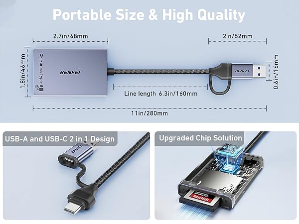 Portable USB card reader with USB-A and USB-C connectors. Features 6.3in cable, metal casing, and upgraded chip. Dimensions shown: 2.7in x 1.8in x 0.4in. Compact design for high-quality data transfer.