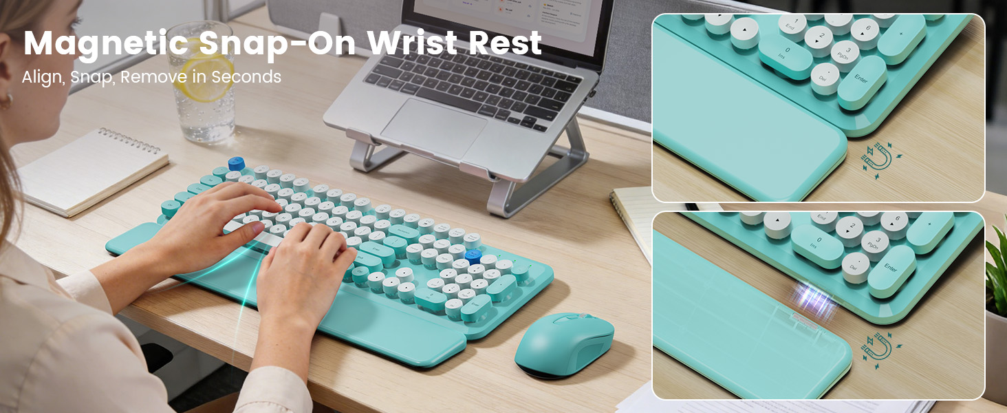 wireless keyboard with magnetic snap on wrist rest shown attaching and removing in seconds