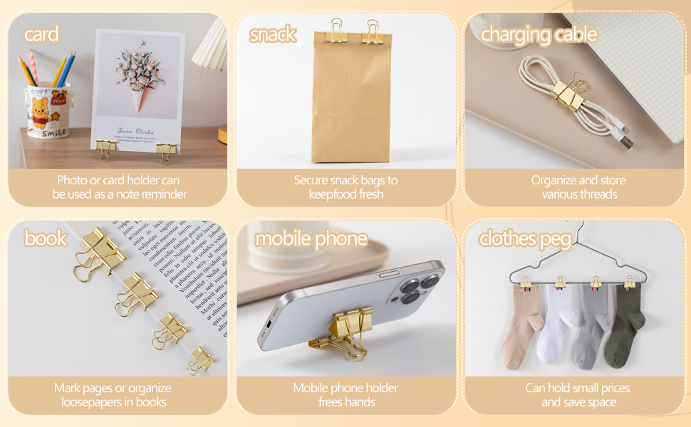 gold binder clips: multi-functional for photos, snacks, cables, books, phones, and clothes