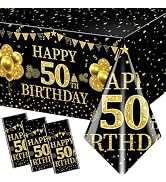 Pymurod Happy 50th Birthday Decorations-3Pcs 50th Birthday Tablecloth Decorations Black Gold Happ...