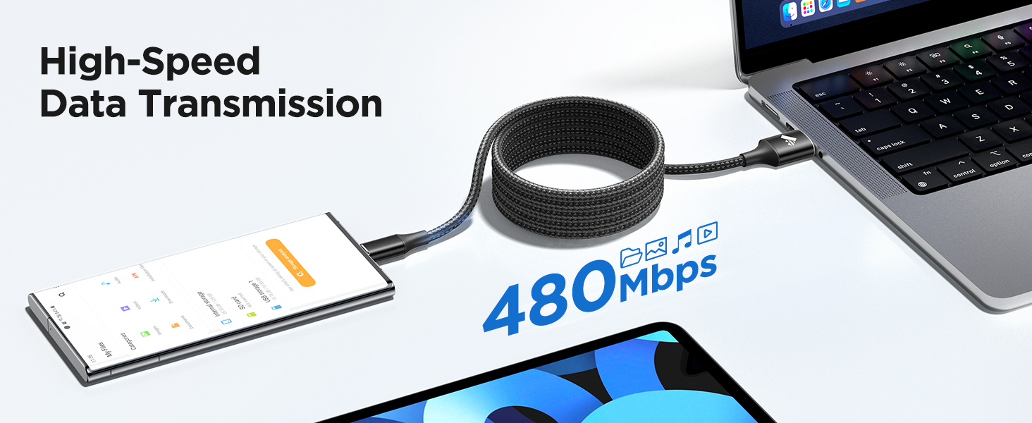 High-speed data cable connecting smartphone to laptop. Flat black cable with 480Mbps transfer speed displayed. Smartphone shows graph interface, laptop partially visible.