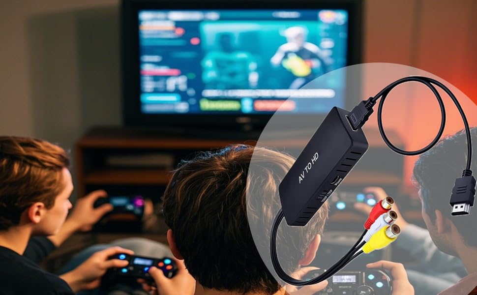 Video capture device with RCA and USB connections, shown in gaming setup with person using controller and TV displaying gameplay in background.
