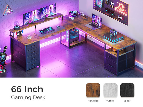 AODK 66" L Shaped Computer Desk with Drawers, 113" Reversible Home Office Desk