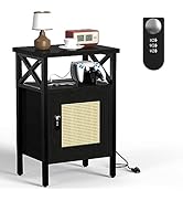 runjuly Rattan Nightstand with Lock, End Table with Charging Station, Side Table with Door and Op...
