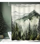 Litabel Dark Green Misty Pine Forest Shower Curtain, Mountain Foggy Woodland Scenery Tree Shower ...