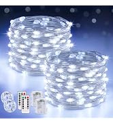 JMEXSUSS 2 Pack White Fairy Lights Battery Operated, Total 200 LED 66ft Twinkle Lights with Remot...