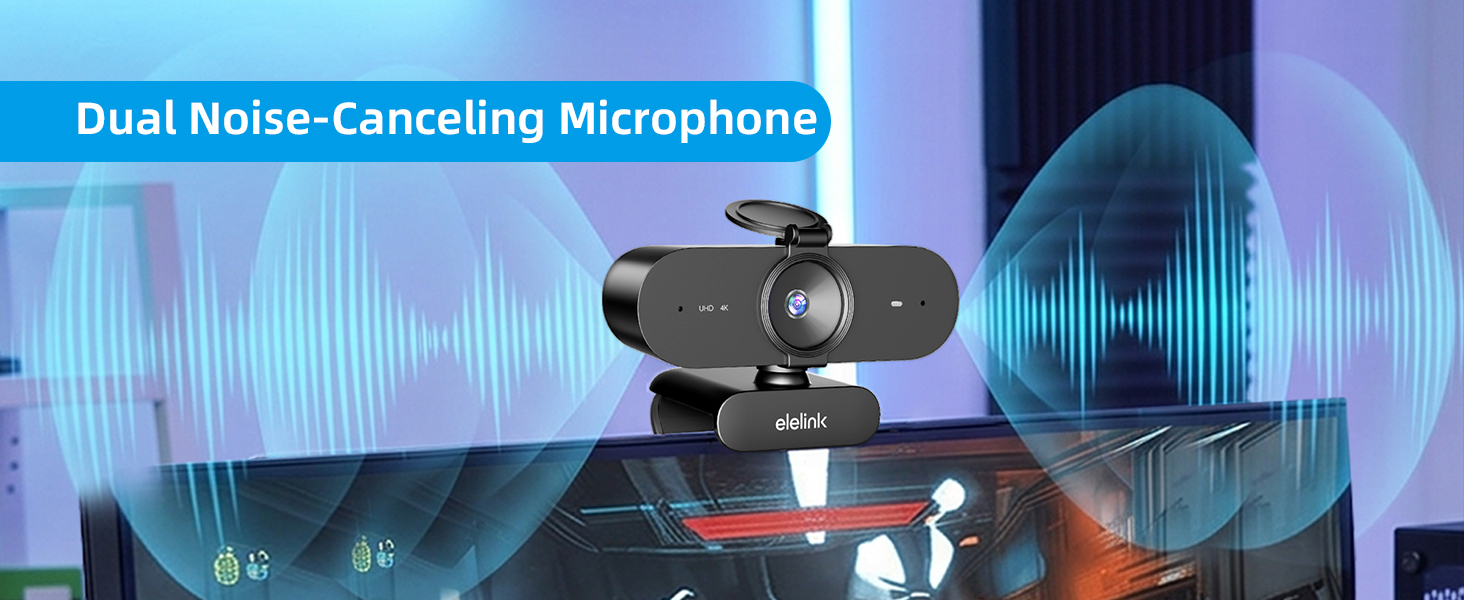 Text reads 'Dual Noise-Canceling Microphone'. Black professional camera with dual microphone setup mounted on top, shown against blue sound wave visualization background.