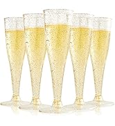 FOCUSLINE 100 Pack Plastic Champagne Flutes, 4.5 Oz Gold Glitter Plastic Champagne Glasses, Dispo...