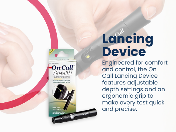 On Call adjustable lancing device with ergonomic grip and depth control for precise testing