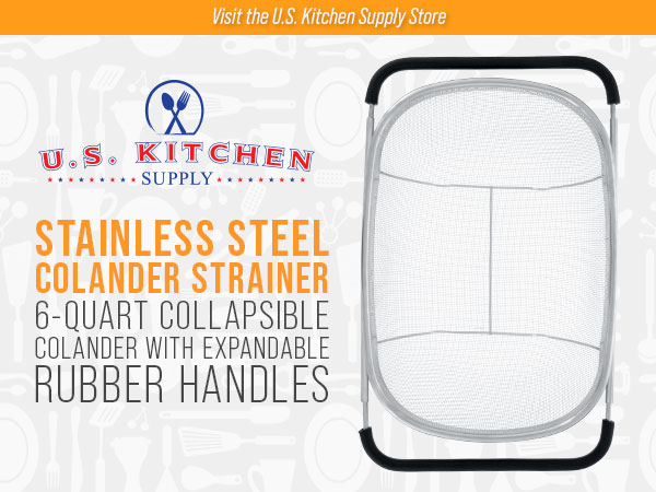 Collapsible stainless steel colander 6-quart with expandable rubber handles, fine mesh strainer