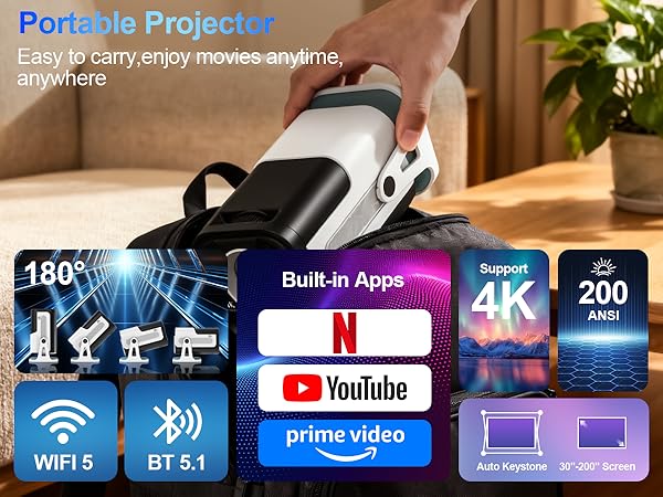 Built-in App Smart Portable Projector 4K Support
