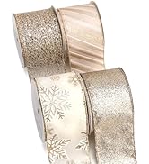 Ribbli Champagne Gold Wired Ribbon for Christmas Tree, Glitter Mesh Snowflake Stripe Christmas Ri...