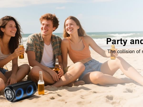 Text reads 'Party and music blend'. Group social setting with entertainment and gathering space shown.